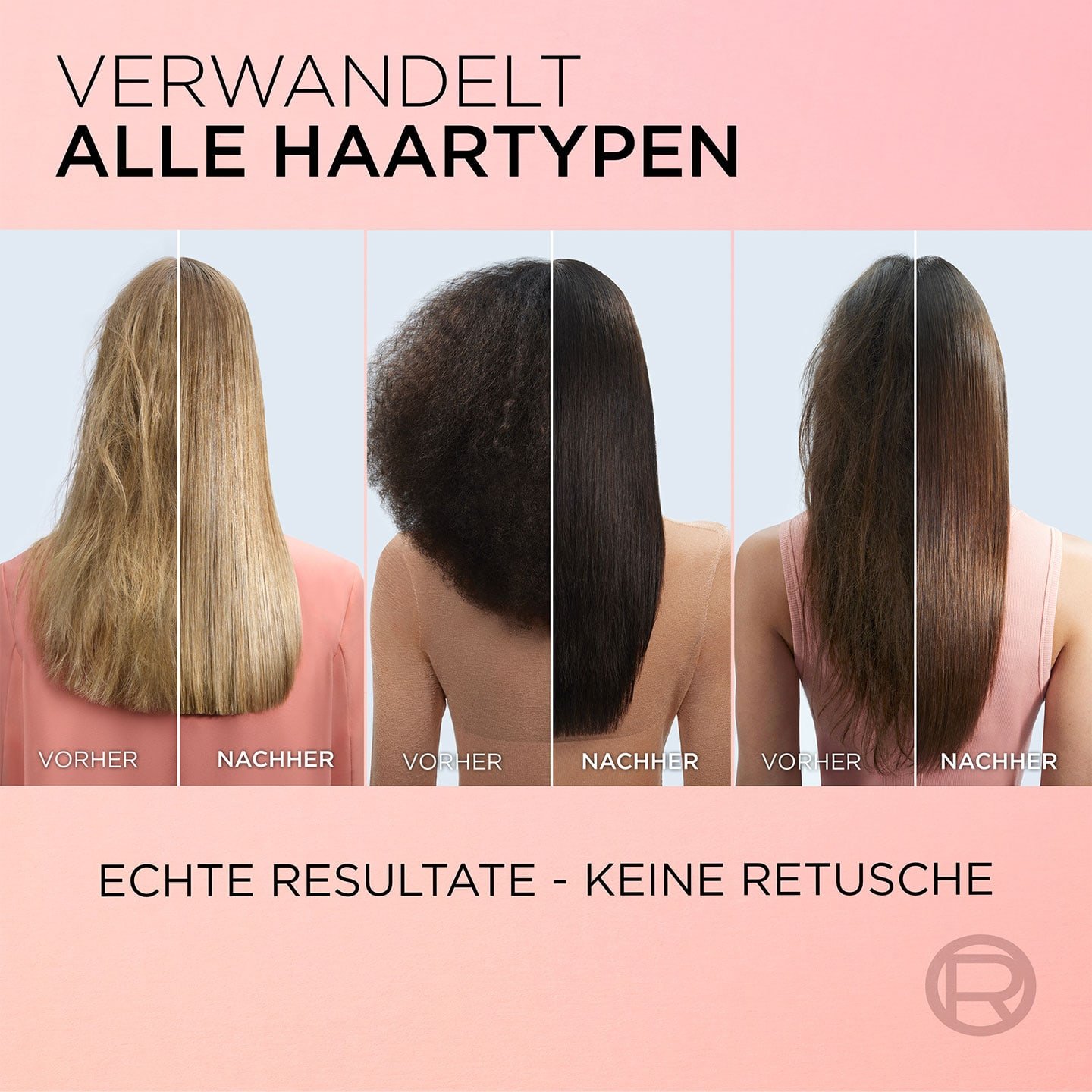 Drei Frauen mit unterschiedlichen Frisuren von hinten betrachtet mit vorher / nachher Vergleich